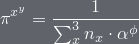 \pi^{x^y}=\frac{1}{\sum^3_x n_x \cdot \alpha^\phi}